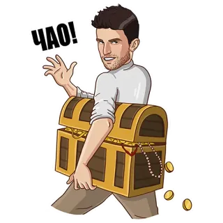 💰 ЧАО! Desenho animado, Homem, Baú do tesouro, Moedas, Olá, Adeus telegram sticker