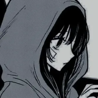 ❄️ anime girl, hoodie, manga style, dark hair, monochrome, sad, emotional telegram sticker