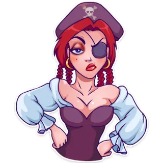 😒 Pirat, Cartoon, Frau, Augenklappe, Figur, Schädel, Hut, rote Haare telegram sticker
