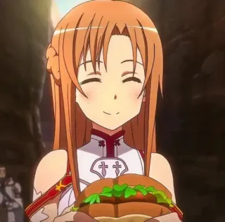☺ Asuna Sword Art Online Anime, Dziewczyna, Uśmiechnięta, Kanapka, Jedzenie, Postać telegram sticker
