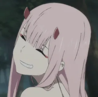 😁 Zero Two Darling in the Franxx Anime, Zero Two, Darling in the Franxx, pinke Haare, Hörner, Lächeln telegram sticker