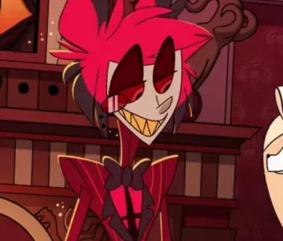 🍾 Alastor Hazbin Hotel demon, kreskówka, czerwony, uśmiech, zło telegram sticker