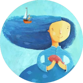 😌 laut, gadis, perahu, air, ikan, ilustrasi whatsapp sticker