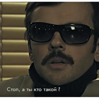 😐 Стоп, а ты кто такой ? person, sunglasses, mustache, russian, quote telegram sticker