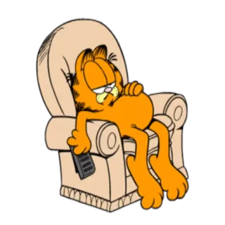 😶 Garfield Garfield, Desenho animado, Gato, Preguiçoso, Laranja, Tirinha, Cadeira, Controle remoto, Televisão whatsapp sticker