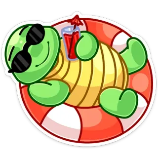 😎 turtle, beach, summer, relaxation, swim ring, vacation, cartoon, drink whatsapp sticker