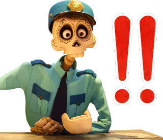 😧 Coco Coco, esqueleto, policía, signo de exclamación telegram sticker
