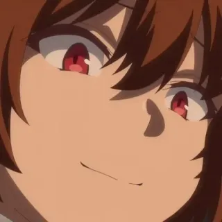😈 anime, garota, sorriso malicioso, olhos vermelhos, cabelo castanho, mulher telegram sticker