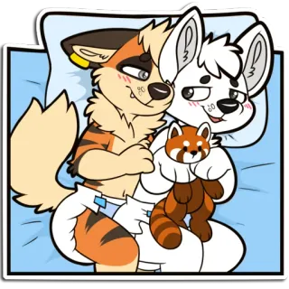 😌 furry, anthropomorphic, diaper, plushie, red panda, cute, cuddle, bed telegram sticker