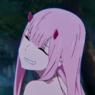 🍭 Zero Two Darling in the Franxx Anime, Zero Two, Darling in the Franxx, rambut pink, tanduk iblis, imut, senyum telegram sticker
