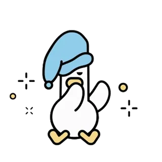 😴 schattig, slaperig, personage, pinguïn, slaapmuts, gapen, cartoon whatsapp sticker