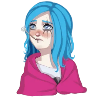 🤒 ziek, ongesteld, verdrietig, niet lekker, cartoon, personage, blauw haar telegram sticker