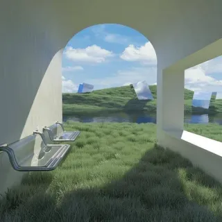 👁 nature, landscape, architecture, sky, grass, lake, bench telegram sticker