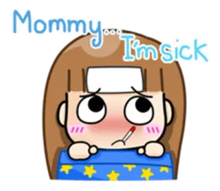 🤒 Mommy... I'm sick sick, illness, cartoon, thermometer, girl, fever whatsapp sticker
