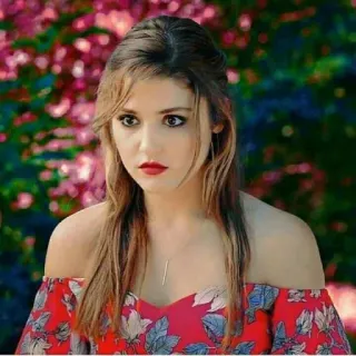 😳 woman, portrait, red dress, floral, Hande Erçel telegram sticker
