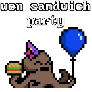 🥳 wen sandwich party ปลาหมึก, ปาร์ตี้, แซนวิช, พิกเซลอาร์ต, วันเกิด, งานฉลอง, สัตว์, ลูกโป่ง telegram sticker