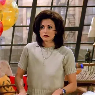 😐 Monica Geller Friends femme, pull, collier, brune, série télé, Friends, Monica Geller, Courteney Cox whatsapp sticker