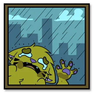 😞 chuva, triste, monstro, desenho animado, janela, chorando, lágrimas telegram sticker