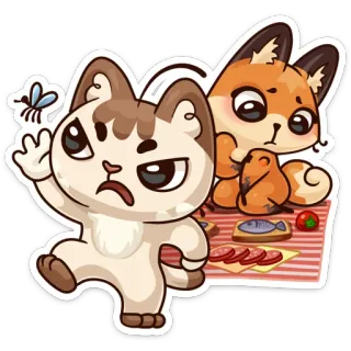 🦟 gato, zorro, dibujos animados, animales, comida, picnic telegram sticker