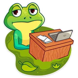 😐 frog, office, laptop, work, desk, cartoon, sticker telegram sticker