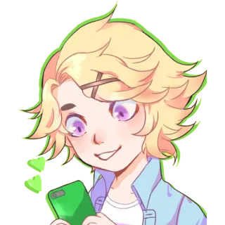 😃 anime, dibujos animados, pelo rubio, sonriendo, sosteniendo teléfono telegram sticker