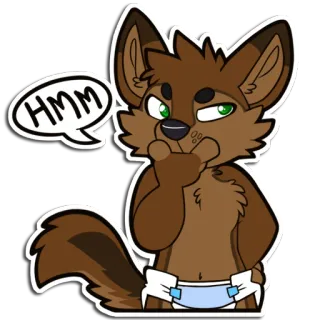 🤔 HMM furry, anthropomorphic, thinking, diaper, hmm, brown wolf, cartoon telegram sticker