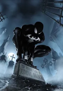 😏 Spider-Man HERE LIES EDDIE BROCK superhéroe, cómic, cementerio, Eddie Brock, Spiderman, simbionte, lápida telegram sticker