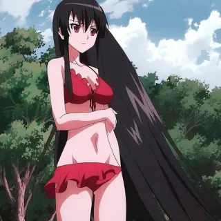 🥵 Anime, Bikini, Kobieta, Czerwony, Długie włosy, Strój kąpielowy telegram sticker