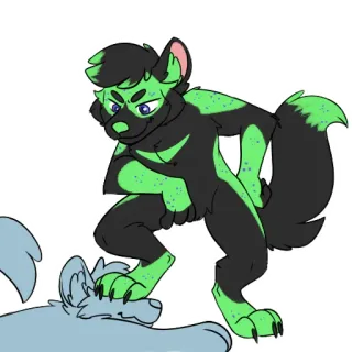 🦶 furry, anthropomorphic, wolf, canine, green and black, cartoon, illustration telegram sticker