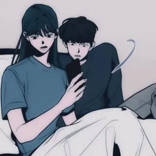 🐇 coppia, relazione, cartone animato, anime, manhwa, guardando telefono, camera da letto whatsapp sticker