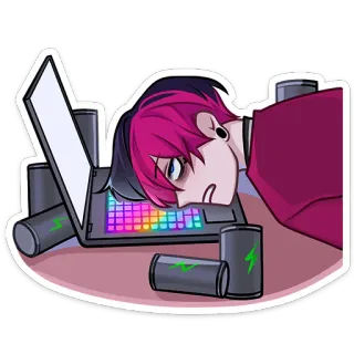 😴 müde, erschöpft, Laptop, Gaming, Gamer, Computer, Energy Drink, Anime whatsapp sticker