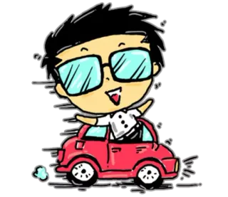 🚗 Desenho animado, Carro, Dirigindo, Feliz, Óculos, Transporte whatsapp sticker