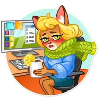 🤒 enfermo, dibujo animado, gato, resfriado, té, limón, enfermo, oficina, trabajo telegram sticker