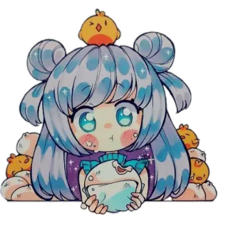 😐 アニメガール, ちび, 可愛い, ニワトリ, かわいい, 青髪, マンガ telegram sticker