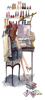 💻 moda, illustrazione, donna, scrivania, computer, stile telegram sticker