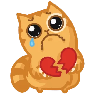 💔 kat, verdrietig, gebroken hart, huilen, traan, hartzeer, oranje kat, cartoon, emotie whatsapp sticker
