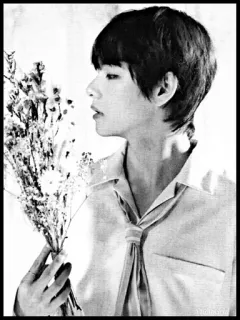 ⛓ V V, BTS, K-pop, chanteur, fleurs, noir et blanc, portrait telegram sticker