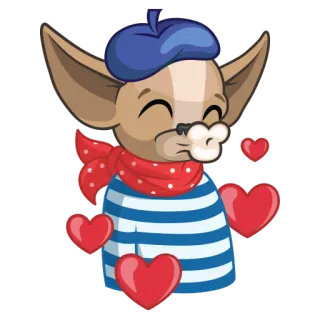 ❤ desenho animado, animal, amor, francês, boina, cachecol, corações, ilustração, fofo whatsapp sticker