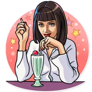 😍 Mia Wallace Pulp Fiction Mia Wallace, Pulp Fiction, milkshake, cigarro, filme, personagem telegram sticker