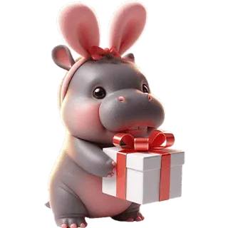 🎁 ippopotamo, orecchie da coniglio, regalo, presente, carino, animale, cartone animato telegram sticker