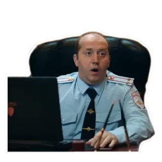 💩 policial, homem, chocado, escritório, escrivaninha, computador telegram sticker