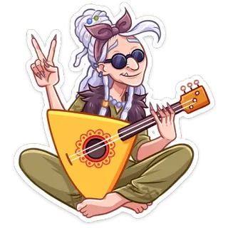 ✌️ wanita tua, simbol perdamaian, balalaika, musik, kartun, hippie telegram sticker