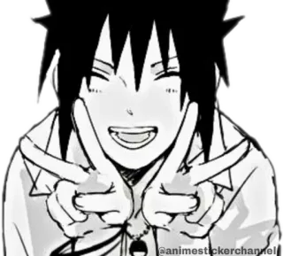 😄 @animestickerchannel anime, character, peace sign, smiling, black and white telegram sticker