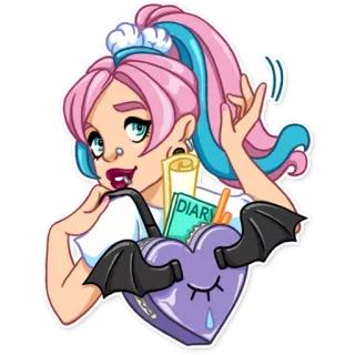👋 Diary Mädchen, Cartoon, Tagebuch, Fledermaus, pinke Haare, süß, Teenager, Ohrringe telegram sticker