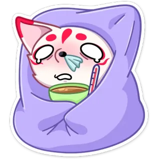 😭 ốm, bệnh, cúm, cảm lạnh, sốt, nhiệt kế, buồn, khóc, mèo, động vật whatsapp sticker
