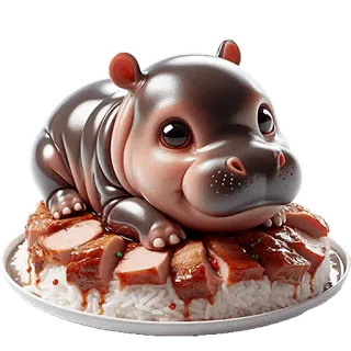 😋 hippo, rice, meat, food, cute, animal, kawaii, cartoon telegram sticker