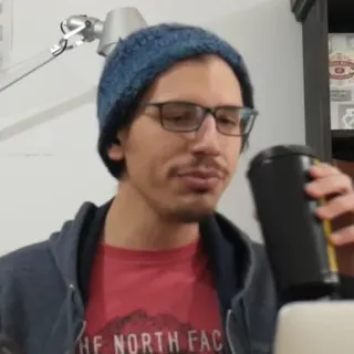 🤢 THE NORTH FAC man, glasses, portrait, blue hat, coffee, red shirt telegram sticker