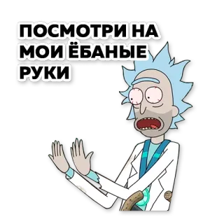 👐 Rick Sanchez Rick and Morty ПОСМОТРИ НА МОИ ЁБАНЫЕ РУКИ rick y morty, rick sanchez, caricatura, ofensivo, ruso, groserías telegram sticker