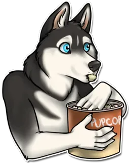 🎥 PUPCOP Husky, Anjing, Antropomorfik, Popcorn, Pupcop, Binatang, Kartun whatsapp sticker