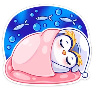 😴 пингвин, спящий, милый, мультяшный, животное, рыба, кровать, ночь whatsapp sticker
